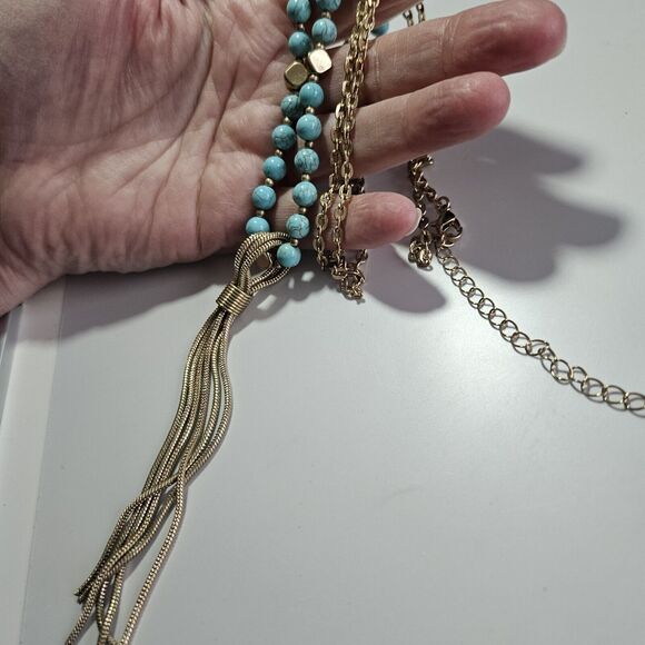 Gold Tone Long Necklace With Turquoise And Tassel Pendant 40 To 43" - Picture 2 of 13
